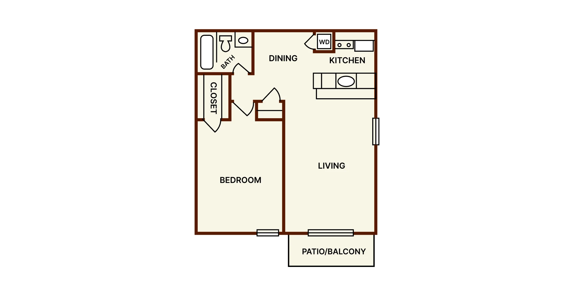 1x1 one bedroom one bath apartment floor plan at Highland Park Apartment Homes in Sherman, Texas