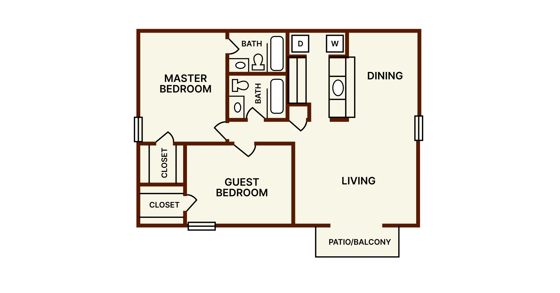 Two bedroom two bath apartment floor plan at Highland Park Apartment Homes in Sherman, Texas